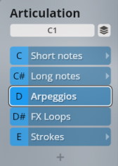 Studio Elements articulation menu showing selectable music performance techniques: short notes, long notes, arpeggios, FX loops, and strokes.