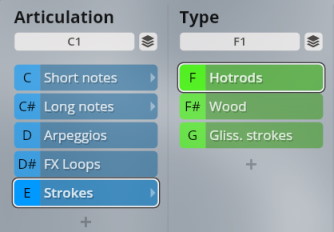 Digital interface displaying Studio Elements articulation and type controls for musical sound production, featuring options like Short Notes, Long Notes, Arpeggios, FX Loops, Strokes, Hotrods, Wood, and Gliss. Strokes.
