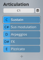 Digital interface displaying Studio Elements Articulation settings with options for Sustain, Sus modulation, Arpeggios, FX, and Pizzicato.