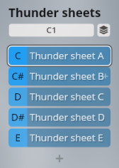 User interface for Studio Elements displaying Thunder Sheets virtual instrument sound options, showing selections for different thunder sheet variations labeled A through E with corresponding musical notes C, C#, D, D#, and E.