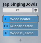 Digital user interface for Japanese singing bowls, showing options for C1, wood beater, rubber beater, and secco wood beater, relevant for Studio Elements.