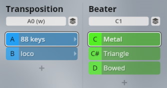 Digital audio interface showing Transposition and Beater controls for Studio Elements instruments, including 88 keys, Metal, Triangle, and Bowed options.