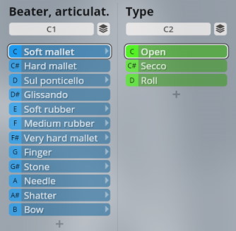 Screenshot of musical instrument Beater (articulation) and Type selection menus for Studio Elements software, showing options like soft mallet, hard mallet, open, secco, and roll.