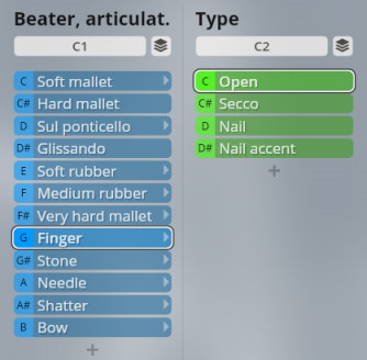 A screenshot displaying the Studio Elements virtual instrument interface with options for beater types like 'Finger' and articulation styles such as 'Open' and 'Secco'.