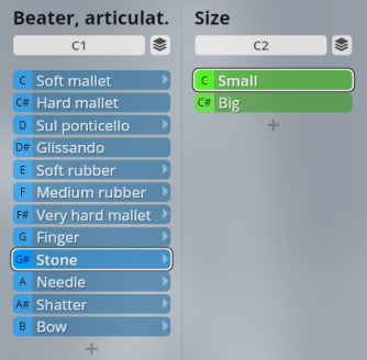 Software interface showing sound articulation options including Mallet, Glissando, Rubber, Finger, Stone, Needle, Shatter, and Bow, with Small and Big size selections, for Studio Elements audio production.