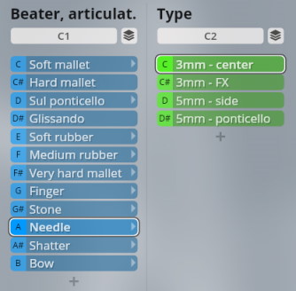 Screenshot of Studio Elements virtual instrument interface showing sound articulation and type selection menus, highlighting Needle as a selected beater and 3mm - center as a selected type.