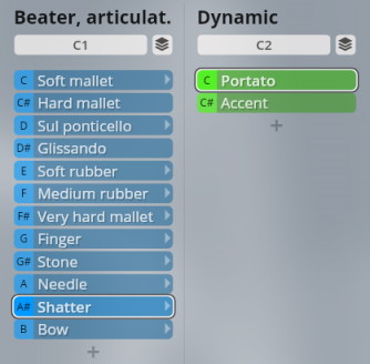 Digital interface showing sound articulation and dynamic options, including soft mallet, hard mallet, sul ponticello, glissando, soft rubber, medium rubber, very hard mallet, finger, stone, needle, shatter, bow, portato, and accent, for Studio Elements virtual instruments.