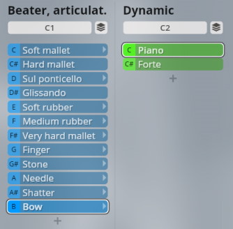 Studio Elements interface showcasing selectable musical articulations and dynamic options including mallet types, sul ponticello, glissando, and piano/forte.