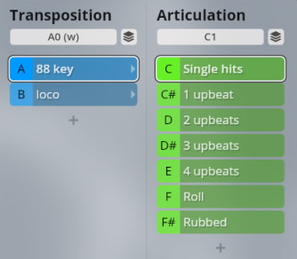 User interface displaying 'Transposition' and 'Articulation' settings for Studio Elements software, featuring options like '88 key,' 'Single hits,' and 'Roll'.