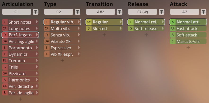 Graphical user interface for Synchron Elite Strings with articulation, type, transition, release, and attack parameters visible.