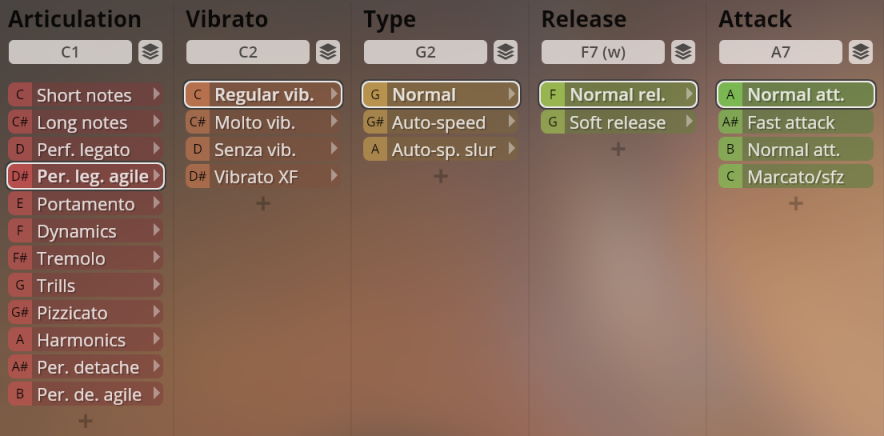 Screenshot of the Vienna Symphonic Library Synchron Elite Strings interface showing options for Articulation, Vibrato, Type, Release, and Attack parameters.