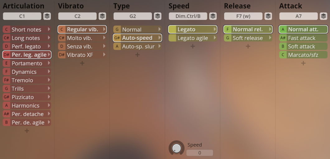 User interface showing articulation, vibrato, type, speed, release, and attack settings for Synchron Elite Strings.
