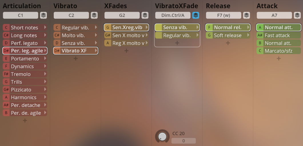 Software interface displaying musical articulation, vibrato, crossfades, release, and attack settings for Synchron Elite Strings within the Vienna Symphonic Library.