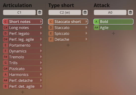 Vienna Symphonic Library Synchron Instruments interface displaying articulation, type, and attack selections for string sounds, including short notes, legato, staccato, spiccato, detaché, portamento, dynamics, tremolo, trills, pizzicato, harmonics, bold, and agile options.