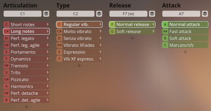 Vienna Symphonic Library Synchron Instruments interface showcasing options for articulation, type, release, and attack, with Long Notes, Regular Vibrato, Normal Release, and Normal Attack highlighted.