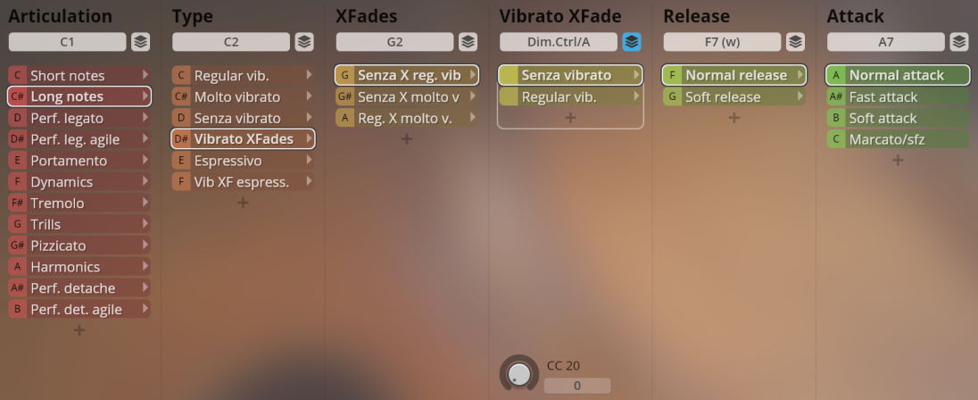 Vienna Symphonic Library Synchron Elite Strings interface showing articulation, type, XFades, vibrato XFade, release, and attack options.