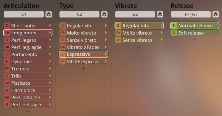 User interface showing sound articulation, type, vibrato, and release settings, with Long notes, Espressivo, Regular vib., and Normal release selected.