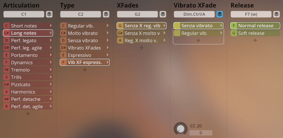 Vienna Symphonic Library Synchron Instruments interface displaying articulation, type, XFades, vibrato XFade, and release options including Long Notes and Normal Release selections.