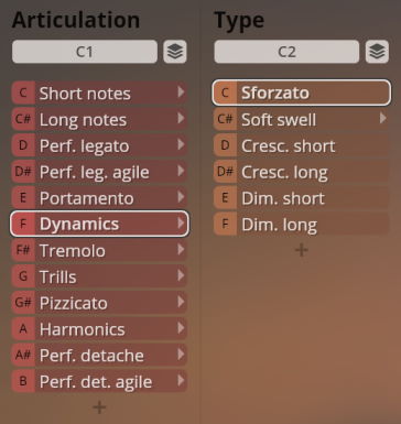 Screenshot of the Vienna Symphonic Library Synchron Instruments user interface, displaying Articulation and Type selection menus for string instruments, with Dynamics and Sforzato highlighted.