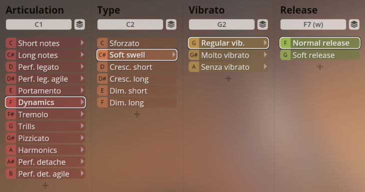 Vienna Symphonic Library Synchron Elite Strings articulation, type, vibrato, and release settings interface.