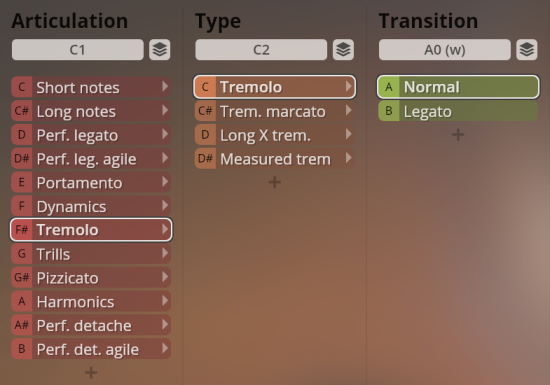 Vienna Symphonic Library Synchron Elite Strings interface showing Articulation, Type, and Transition parameters, with Tremolo selected under Articulation and Type, and Normal selected under Transition.