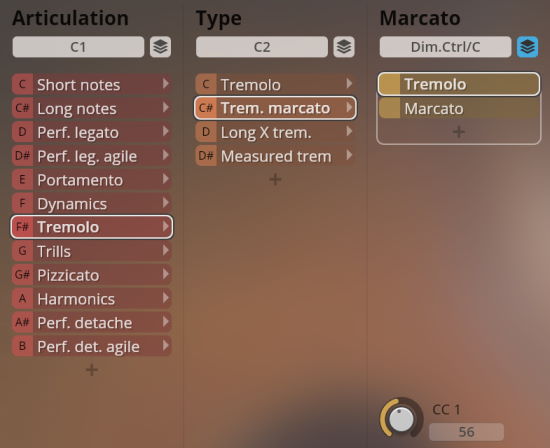Graphical user interface for Vienna Symphonic Library Synchron Elite Strings showing articulation, type, and marcato options for sound programming.