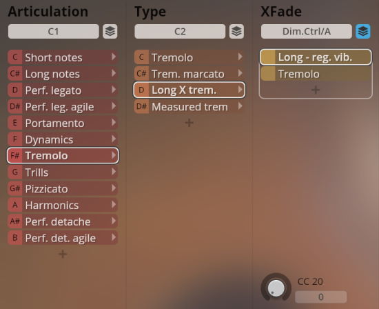 Vienna Symphonic Library Synchron Elite Strings software interface showing Articulation, Type, and XFade parameters with Tremolo selected.