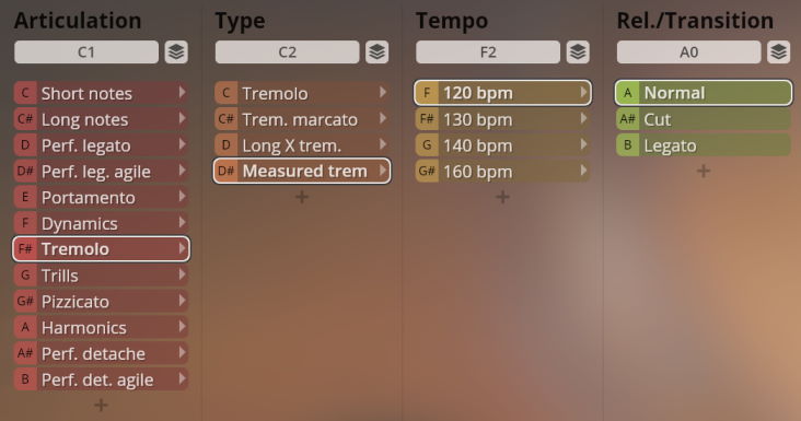 Vienna Symphonic Library Synchron Elite Strings user interface showing articulation type tempo and transition settings with Tremolo and 120 bpm selected