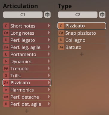 Vienna Symphonic Library Synchron Elite Strings articulation and type selection menu, showing options like pizzicato, legato, tremolo, and harmonics for instrument sound customization.