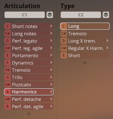 Software interface showing Vienna Symphonic Library Synchron Instruments Articulation and Type settings, including Harmonics and Long notes.