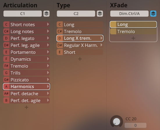 Vienna Symphonic Library Synchron Elite Strings interface showing articulation, type, and XFade settings with Harmonics and Long X trem. selected.