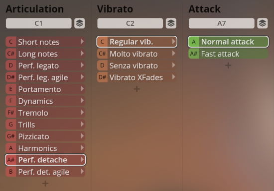 User interface showing Articulation, Vibrato, and Attack controls for Vienna Symphonic Library Synchron Instruments, with options like Legato, Portamento, Tremolo, Pizzicato, Harmonics, Detache, Regular Vibrato, Molto Vibrato, Senza Vibrato, Vibrato XFades, Normal Attack, and Fast Attack selected.