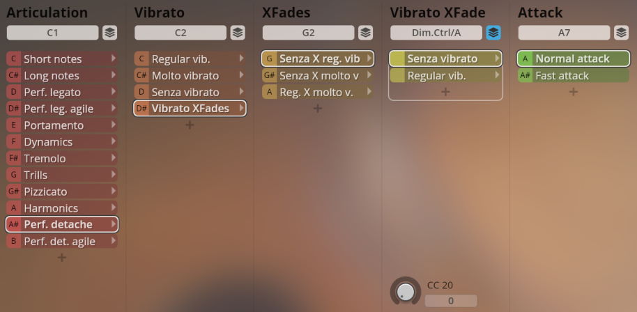 User interface for Synchron Elite Strings showing articulation, vibrato, XFades, vibrato XFade, and attack control options.