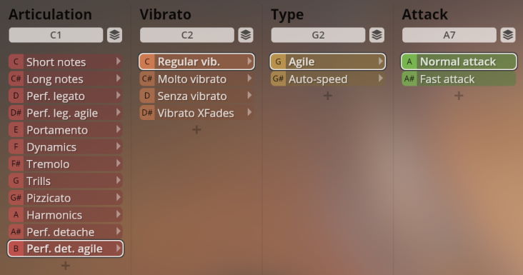 Vienna Symphonic Library Synchron Elite Strings interface showing articulation, vibrato, type, and attack parameters for sound customization.