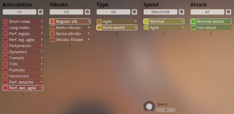 Vienna Symphonic Library Synchron Elite Strings software interface with controls for Articulation, Vibrato, Type, Speed, and Attack, showing selected options like Perf. det. agile, Regular vib., Auto-speed, Normal, and Normal attack.