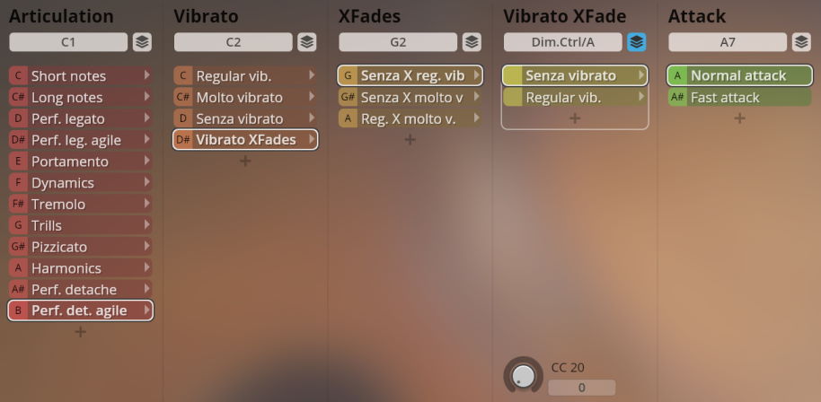 User interface of VSL Synchron Elite Strings showing articulation, vibrato, XFades, vibrato XFade, and attack control options.