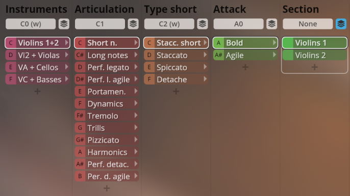 Vienna Symphonic Library Synchron Elite Strings user interface showing instrument, articulation, type, attack, and section options for virtual orchestra samples.