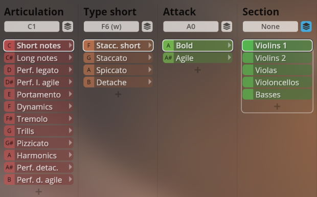 User interface for Vienna Symphonic Library Synchron Elite Strings, displaying selectable articulation types like short notes, long notes, legato, portamento, dynamics, tremolo, trills, pizzicato, harmonics; attack options including bold and agile; and section choices for violins, violas, cellos, basses.