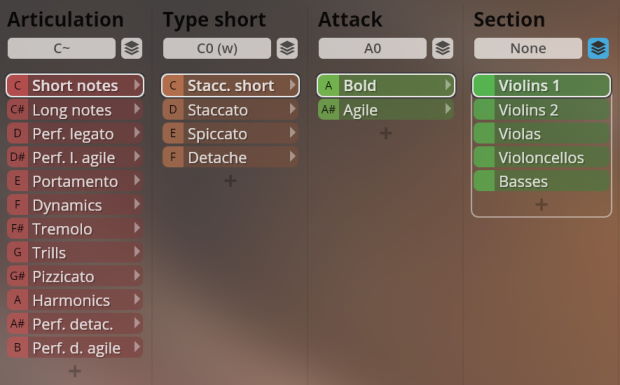 User interface for Vienna Symphonic Library Synchron Elite Strings, displaying options for Articulation, Type Short, Attack, and Section to customize instrument sounds like violin, viola, cello, and bass, with selections for short notes, staccato, tremolo, and pizzicato.