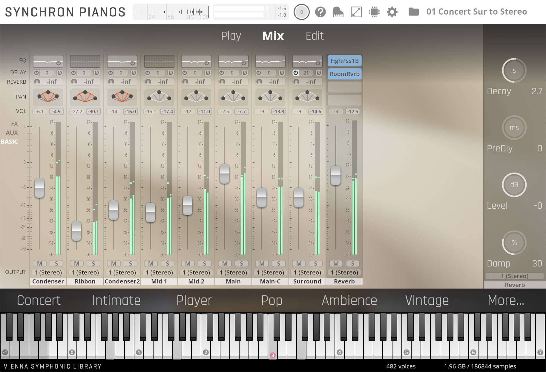 Digital audio workstation (DAW) interface for Synchron Pianos, showing mixing controls including faders, pan, and effects, with a virtual piano keyboard at the bottom, optimized for a German Upright piano.