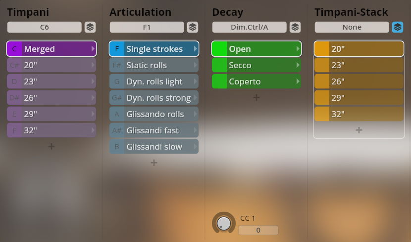 Vienna Symphonic Library Synchron Percussion I user interface showing Timpani, Articulation, Decay, and Timpani-Stack settings for virtual instruments.