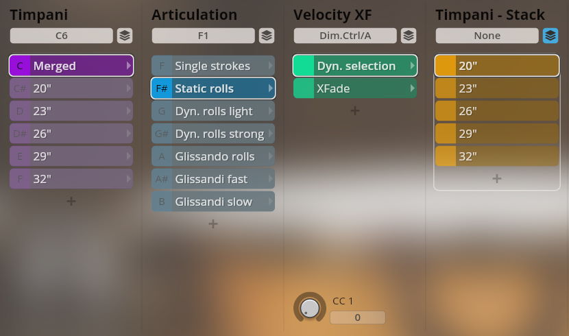 Vienna Symphonic Library Synchron Percussion I user interface showing Timpani, Articulation, Velocity XF, and Timpani-Stack settings