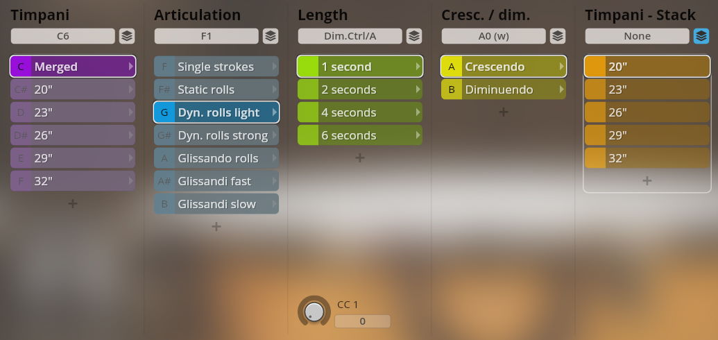 A digital audio workstation (DAW) interface displaying sound parameters for timpani, including sections for Timpani, Articulation (single strokes, dynamic rolls, glissandi), Length (1-6 seconds), Crescendo/Diminuendo, and Timpani Stack (20-32 inches).
