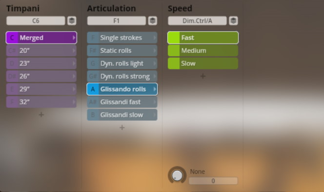 Software interface showing Timpani, Articulation, and Speed controls for Synchron Percussion I, with Glissando rolls and Fast speed selected.