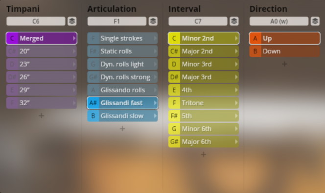 Vienna Symphonic Library Synchron Percussion I user interface showing Timpani, Articulation, Interval, and Direction controls, including options for Glissandi fast and slow.