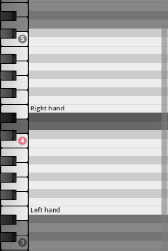 Virtual piano keyboard interface for Synchron Percussion I from Vienna Symphonic Library, showing mapping for right hand and left hand playback.
