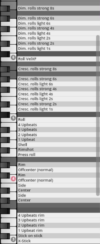 Vienna Symphonic Library Synchron Percussion I key assignment interface showing various drum roll, upbeat, rimshot, and stick X-stick articulations mapped to keyboard keys.
