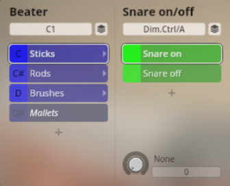 Synchron Percussion I Beater and Snare On/Off controls for virtual instruments, showing Sticks, Rods, Brushes, Mallets, Snare on, and Snare off options.