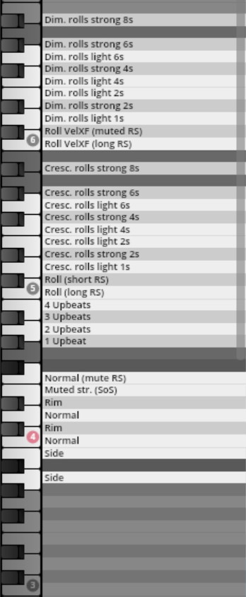 Musical articulation and performance control options including rolls, upbeats, and rimshots, as displayed in Vienna Symphonic Library's Synchron Percussion I user interface.