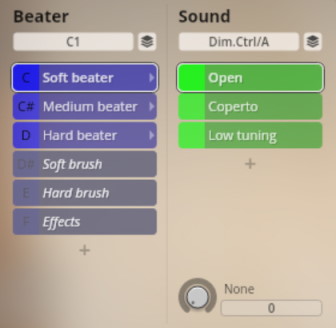 User interface showcasing Beater and Sound selection options for Synchron Percussion I virtual instruments.